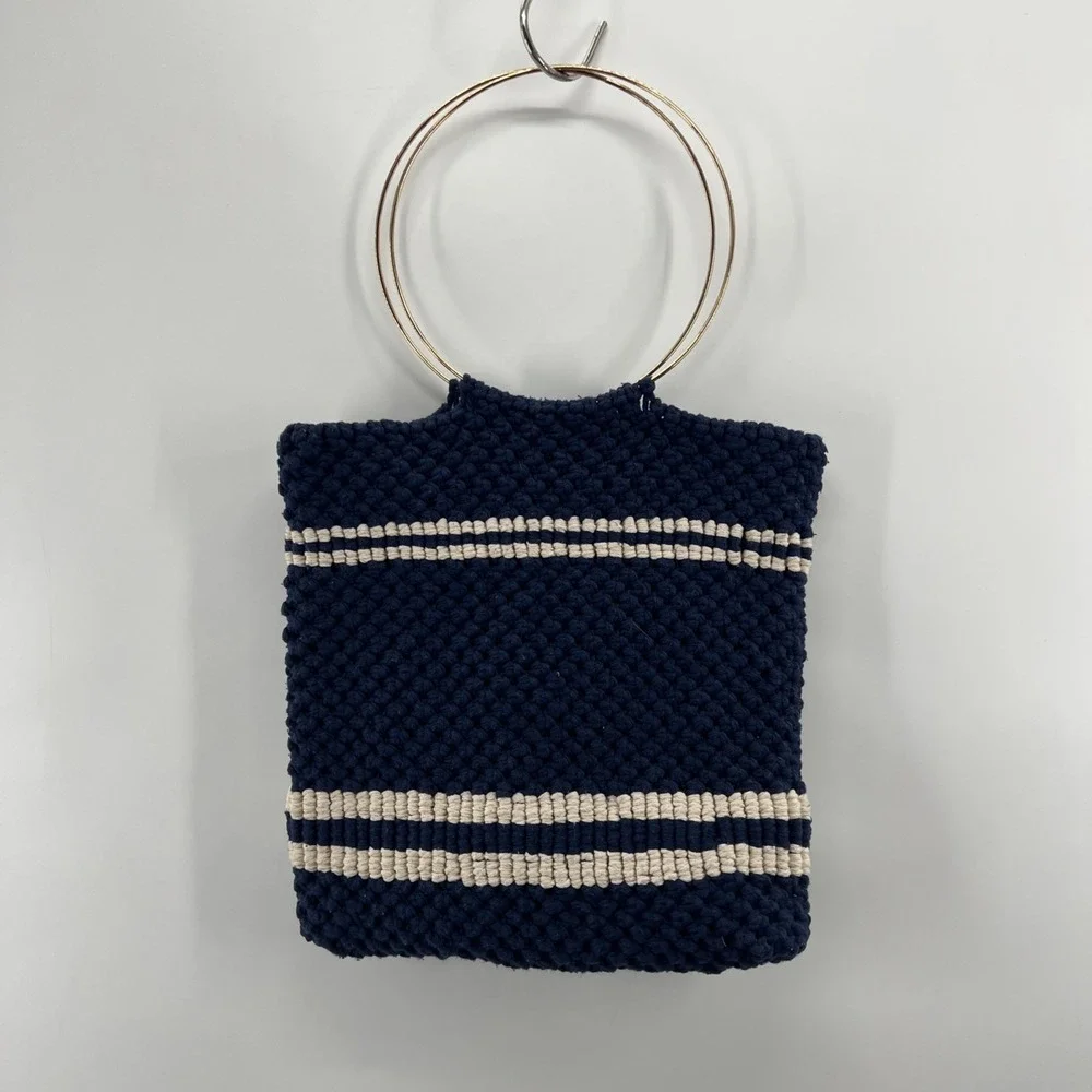 Vintage Handmade 70s Macrame Purse Bag Round Handles Nautical Boho Navy Gold
